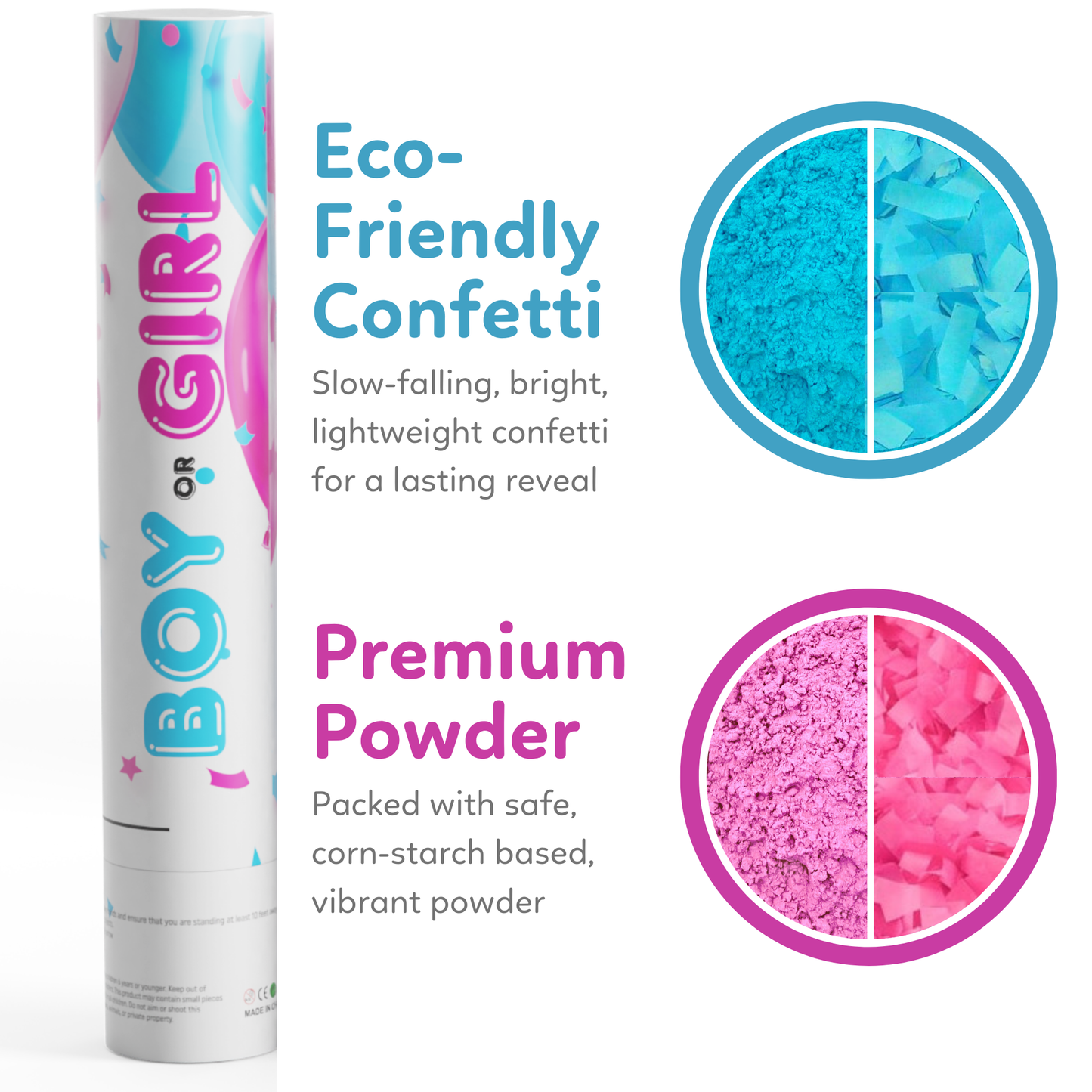 Contents of Gender Reveal Poppers with Confetti and Powder for an exciting reveal 6 pack