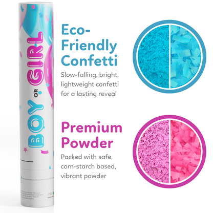 Contents of Gender Reveal Poppers with Confetti and Powder for an exciting reveal 6 pack