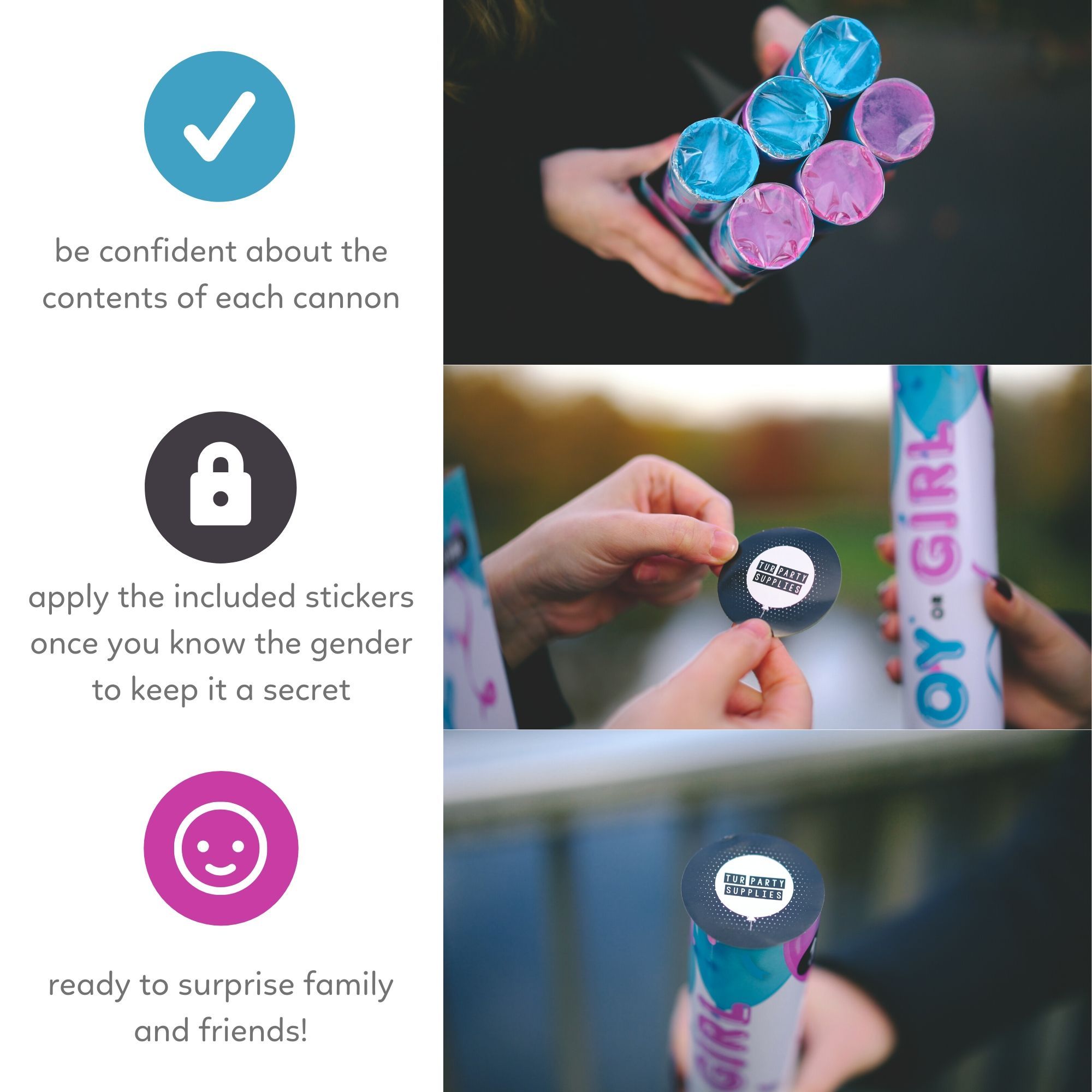 Instructions for Gender Reveal Poppers with Confetti and Powder for an exciting reveal 6 pack